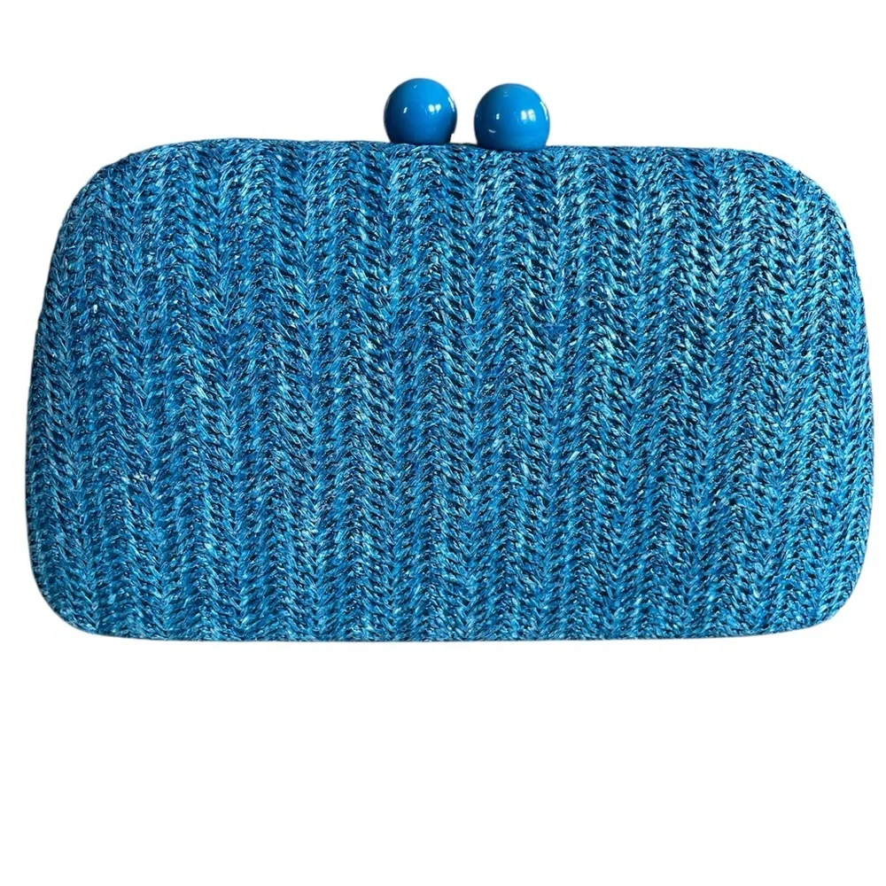 Blue Rafia/Straw yarn Woven Hardshell Clutch with Gold Chain & ball clasp lock